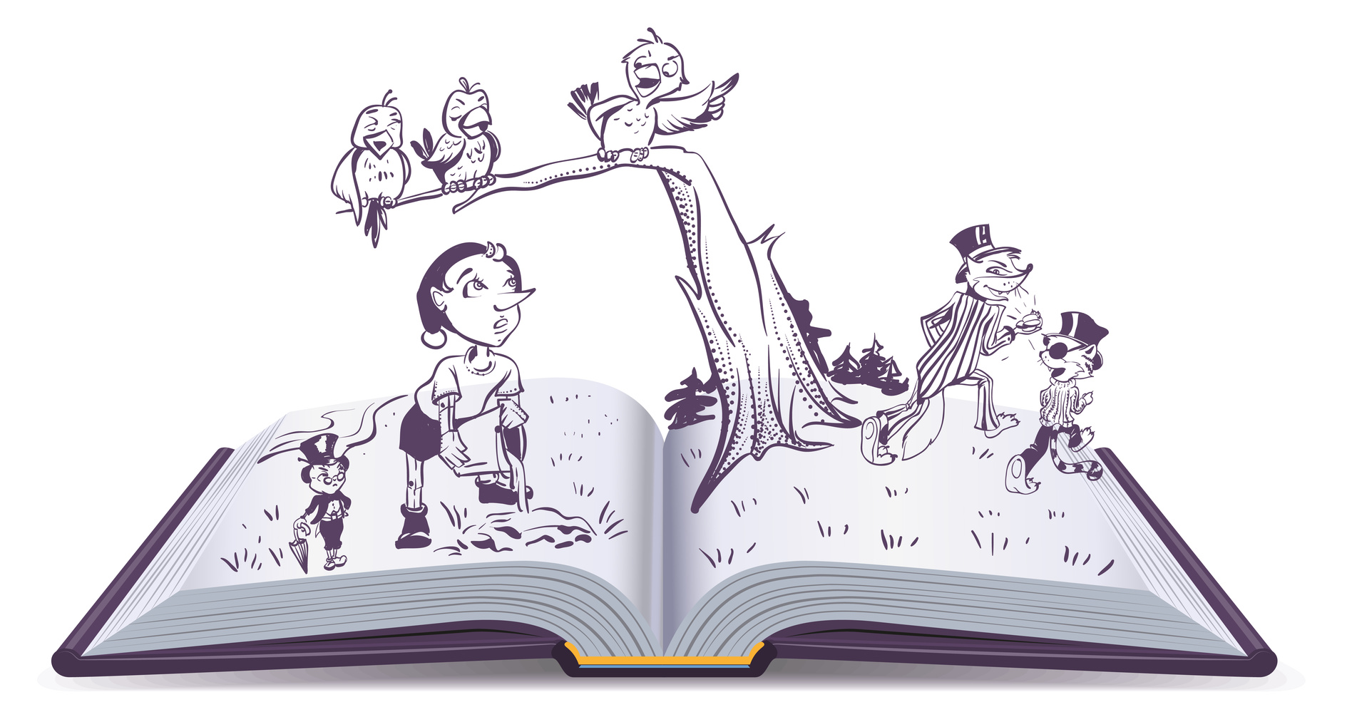 Open book illustration tale of Pinocchio. Vector cartoon